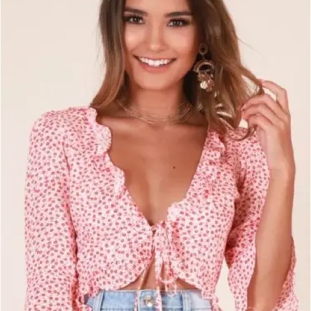 Showpo. Pink Floral Center Slit Ruffle Cropped Top Shirt 10